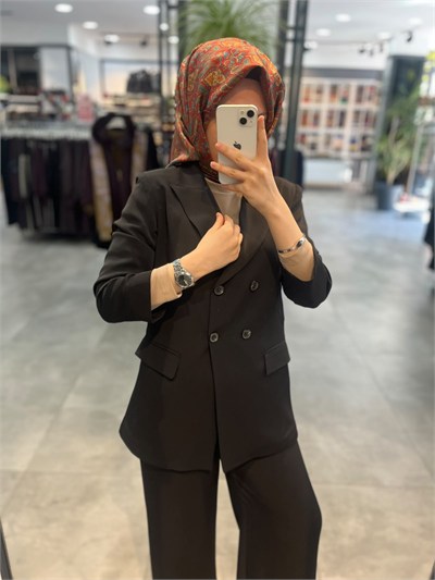 Alesya Çift Düğme Kruvaze Ceket Pantolon Takım - Siyah