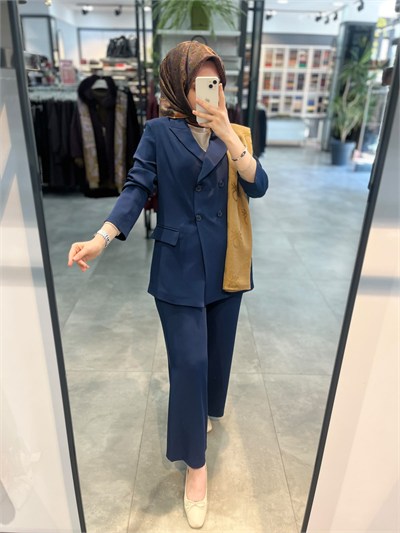 Alesya Çift Düğme Kruvaze Ceket Pantolon Takım - Lacivert