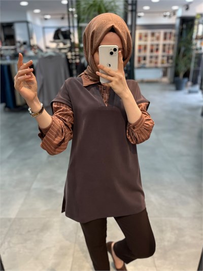 Alesya Çizgili Gömlek Kombinli Tunik - Kahve