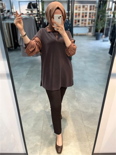 Alesya Çizgili Gömlek Kombinli Tunik - Kahve