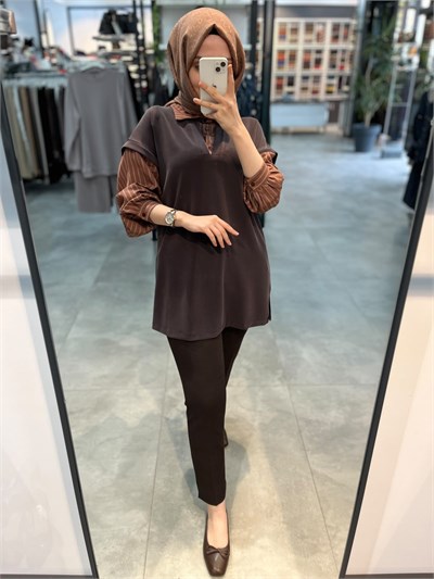 Alesya Çizgili Gömlek Kombinli Tunik - Kahve