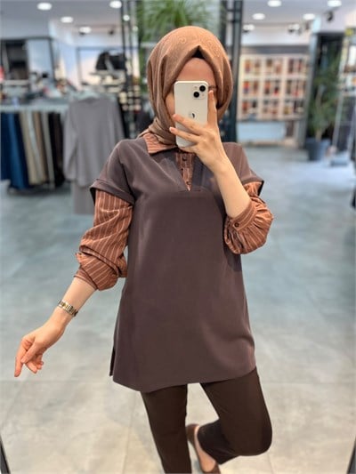 Alesya Çizgili Gömlek Kombinli Tunik - Kahve