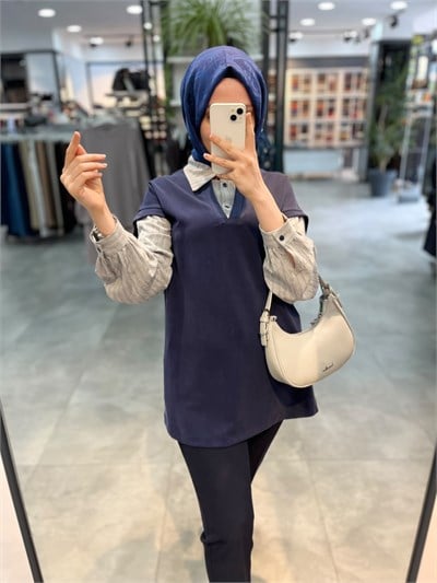 Alesya Çizgili Gömlek Kombinli Tunik - Lacivert