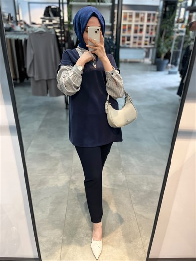 Alesya Çizgili Gömlek Kombinli Tunik - Lacivert