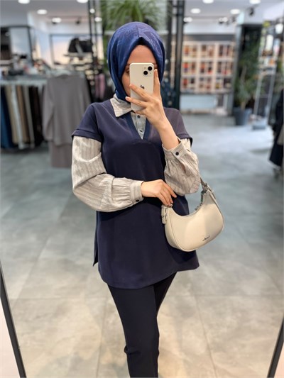 Alesya Çizgili Gömlek Kombinli Tunik - Lacivert