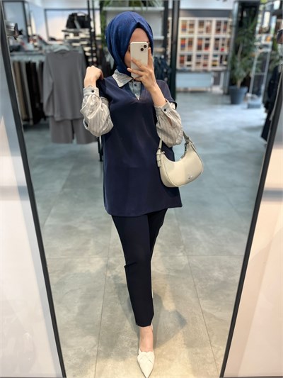 Alesya Çizgili Gömlek Kombinli Tunik - Lacivert