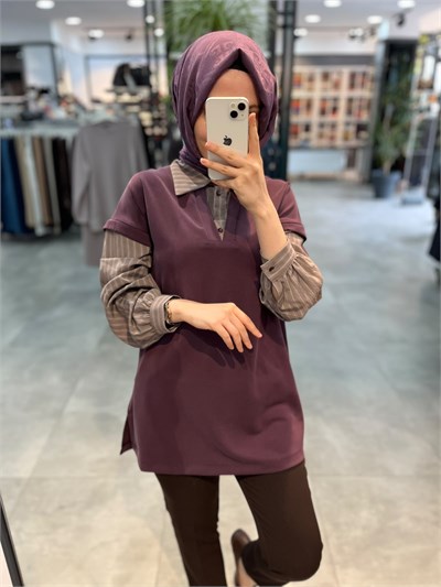 Alesya Çizgili Gömlek Kombinli Tunik - Mürdüm