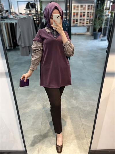 Alesya Çizgili Gömlek Kombinli Tunik - Mürdüm