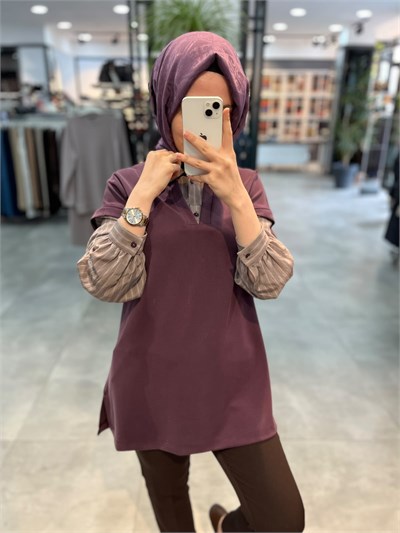 Alesya Çizgili Gömlek Kombinli Tunik - Mürdüm