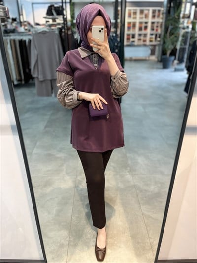 Alesya Çizgili Gömlek Kombinli Tunik - Mürdüm