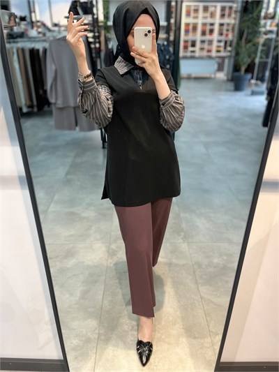 Alesya Çizgili Gömlek Kombinli Tunik - Siyah