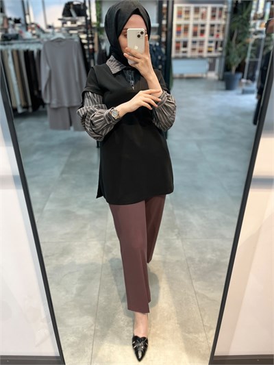 Alesya Çizgili Gömlek Kombinli Tunik - Siyah