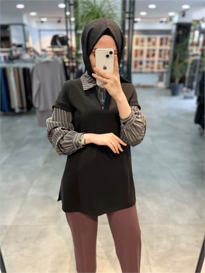 Alesya Çizgili Gömlek Kombinli Tunik - Siyah