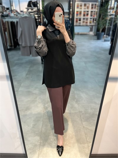 Alesya Çizgili Gömlek Kombinli Tunik - Siyah
