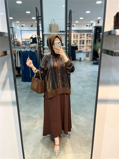 Alesya Cupra Bluz Etek Takım - Kahve