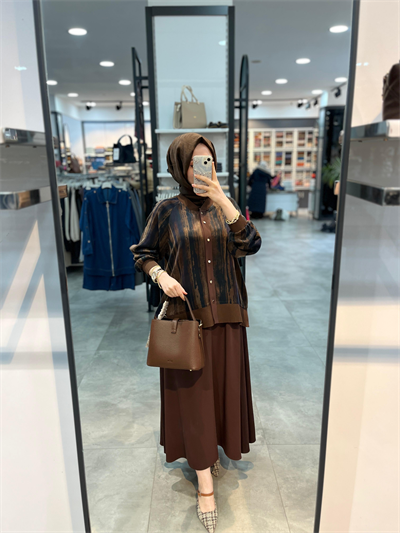 Alesya Cupra Bluz Etek Takım - Kahve