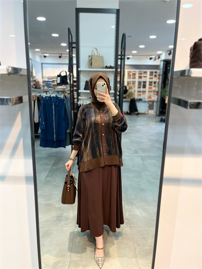 Alesya Cupra Bluz Etek Takım - Kahve