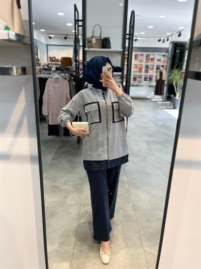 Alesya Fermuarlı Çizgili Ceket Patolon Takım - İndigo