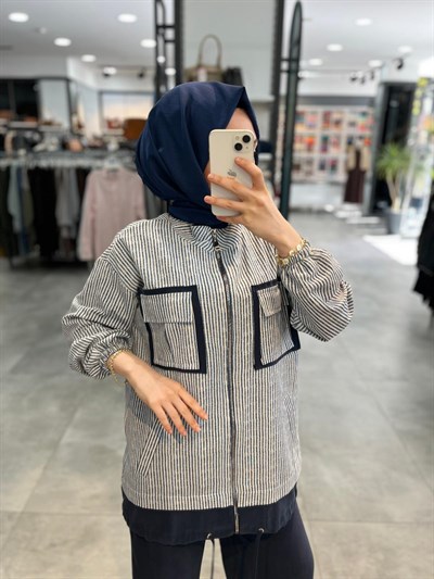 Alesya Fermuarlı Çizgili Ceket Patolon Takım - İndigo