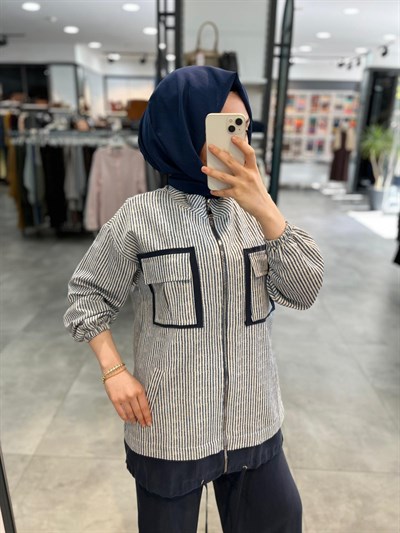 Alesya Fermuarlı Çizgili Ceket Patolon Takım - İndigo