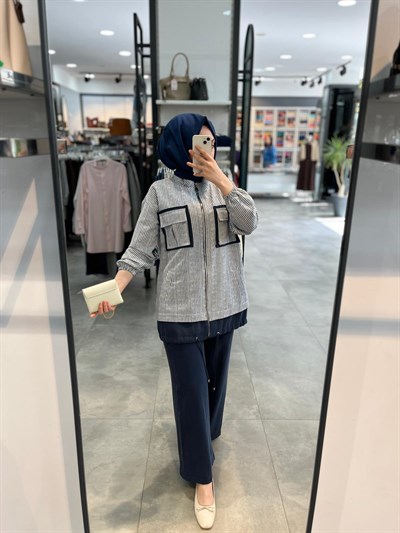 Alesya Fermuarlı Çizgili Ceket Patolon Takım - İndigo
