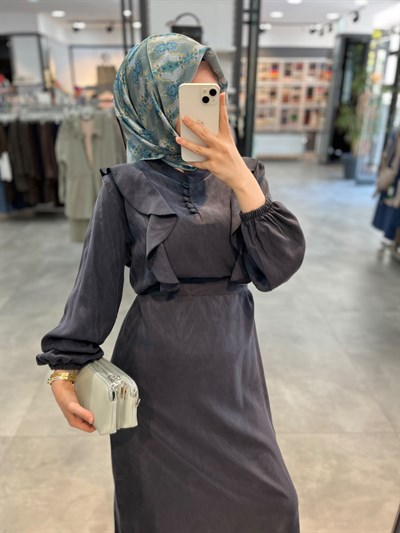 Alesya Fırfır Detaylı Kolu Lastikli Elbise - Lacivert