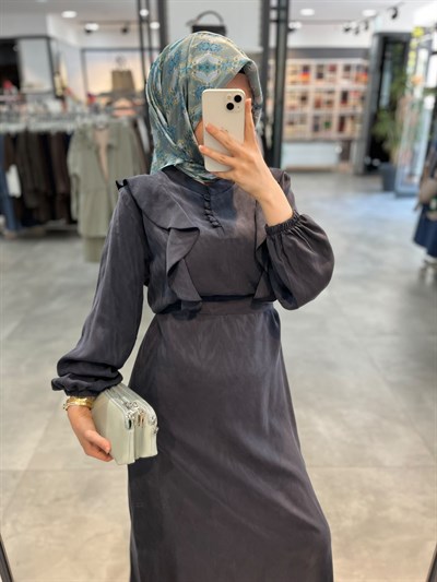 Alesya Fırfır Detaylı Kolu Lastikli Elbise - Lacivert