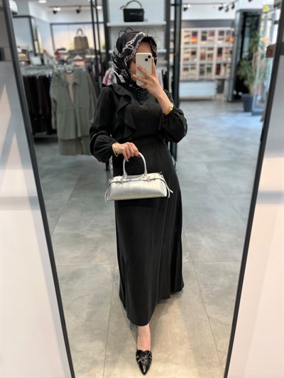 Alesya Fırfır Detaylı Kolu Lastikli Elbise - Siyah