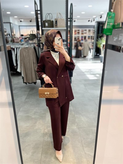 Alesya İki Düğmeli Bel Büzgü Detaylı Ceket Pantolon Takım - Bordo