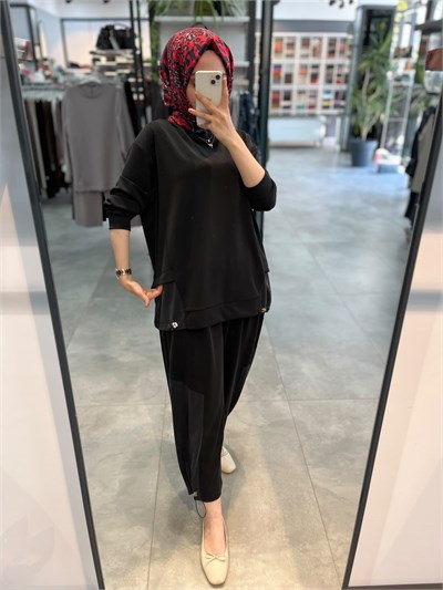 Alesya İp Büzgü Detaylı Tunik Pantolon Spor Takım - Siyah