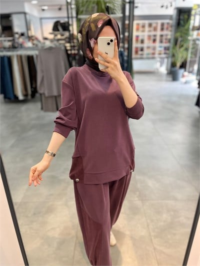 Alesya İp Büzgü Detaylı Tunik Pantolon Spor Takım - Mürdüm