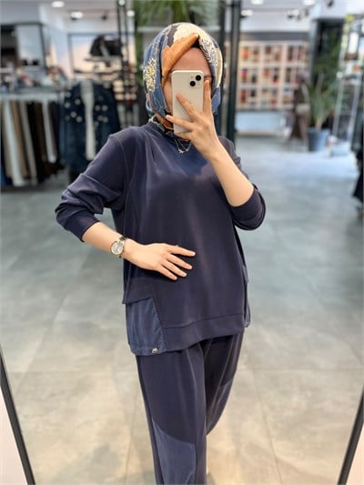 Alesya İp Büzgü Detaylı Tunik Pantolon Spor Takım - Lacivert