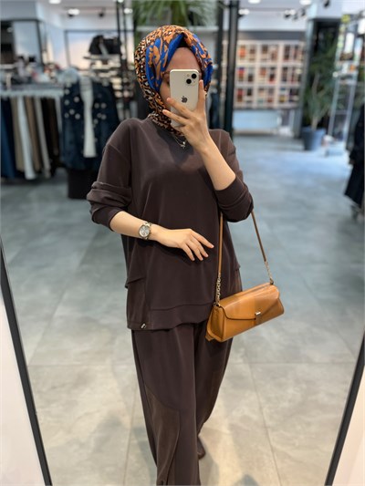 Alesya İp Büzgü Detaylı Tunik Pantolon Spor Takım - Kahve