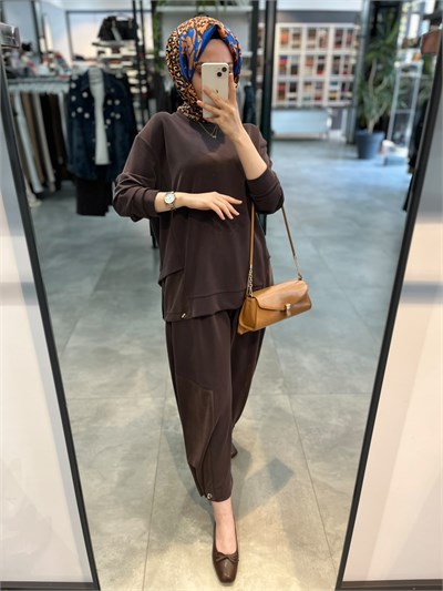Alesya İp Büzgü Detaylı Tunik Pantolon Spor Takım - Kahve