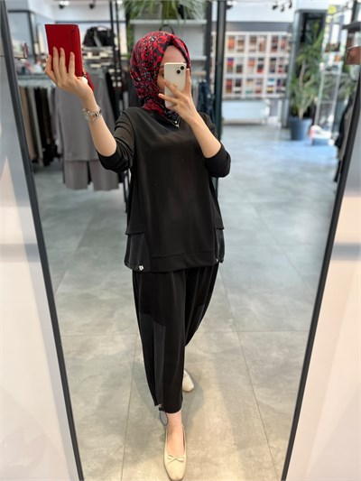 Alesya İp Büzgü Detaylı Tunik Pantolon Spor Takım - Siyah