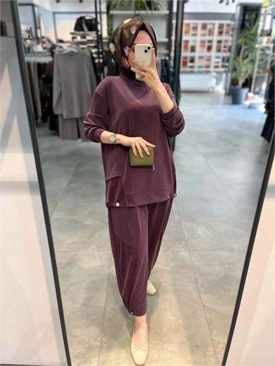 Alesya İp Büzgü Detaylı Tunik Pantolon Spor Takım - Mürdüm