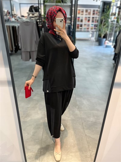 Alesya İp Büzgü Detaylı Tunik Pantolon Spor Takım - Siyah