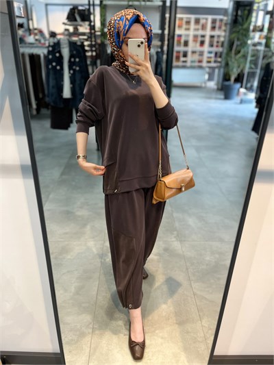 Alesya İp Büzgü Detaylı Tunik Pantolon Spor Takım - Kahve