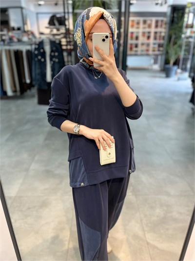 Alesya İp Büzgü Detaylı Tunik Pantolon Spor Takım - Lacivert
