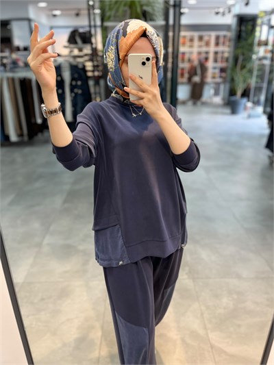 Alesya İp Büzgü Detaylı Tunik Pantolon Spor Takım - Lacivert