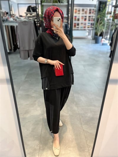 Alesya İp Büzgü Detaylı Tunik Pantolon Spor Takım - Siyah
