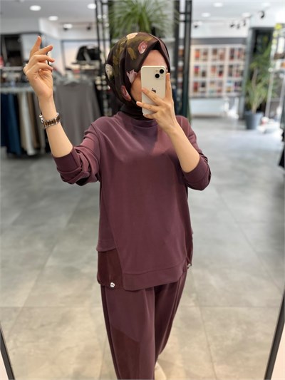 Alesya İp Büzgü Detaylı Tunik Pantolon Spor Takım - Mürdüm