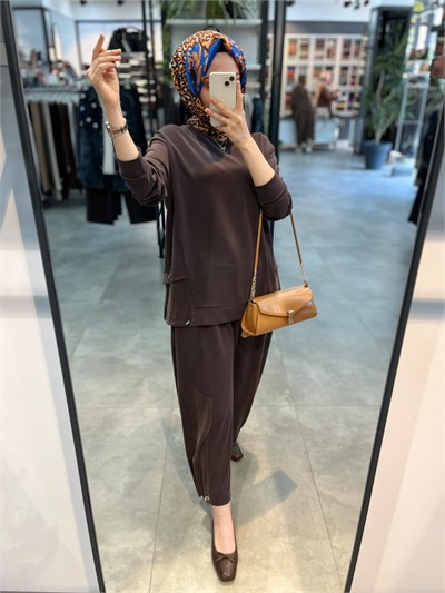 Alesya İp Büzgü Detaylı Tunik Pantolon Spor Takım - Kahve