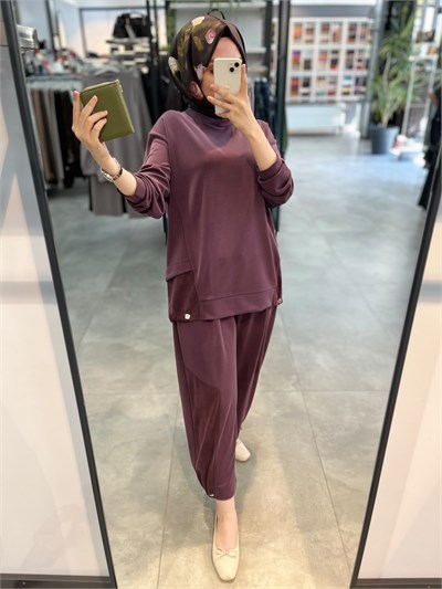 Alesya İp Büzgü Detaylı Tunik Pantolon Spor Takım - Mürdüm