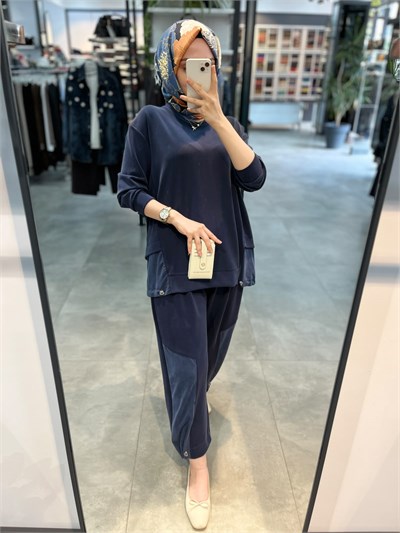 Alesya İp Büzgü Detaylı Tunik Pantolon Spor Takım - Lacivert