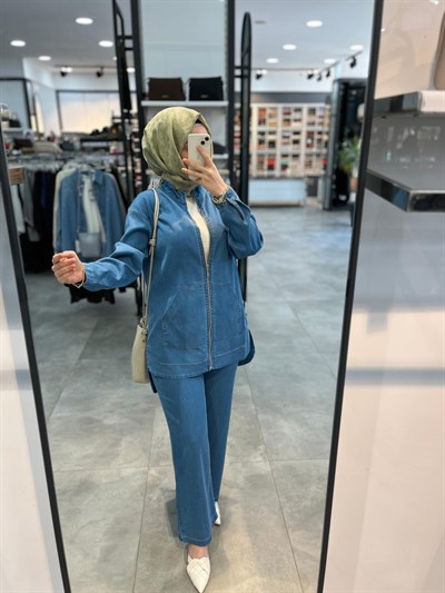 Alesya Kangru Cep Detaylı Pantolonlu Takım - Açık Mavi