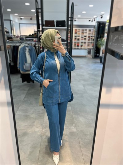 Alesya Kangru Cep Detaylı Pantolonlu Takım - Açık Mavi