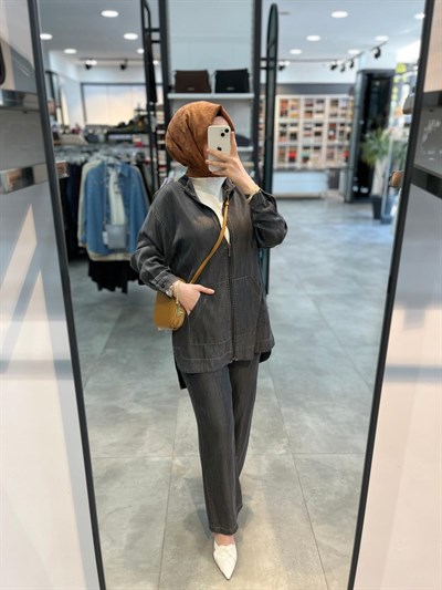 Alesya Kangru Cep Detaylı Pantolonlu Takım - Antrasit