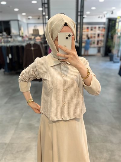 Alesya Katlamalı Manşet Detaylı Çizgili Ceket Etek Takım - Bej