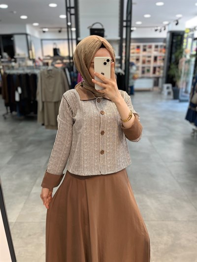 Alesya Katlamalı Manşet Detaylı Çizgili Ceket Etek Takım - Kahve